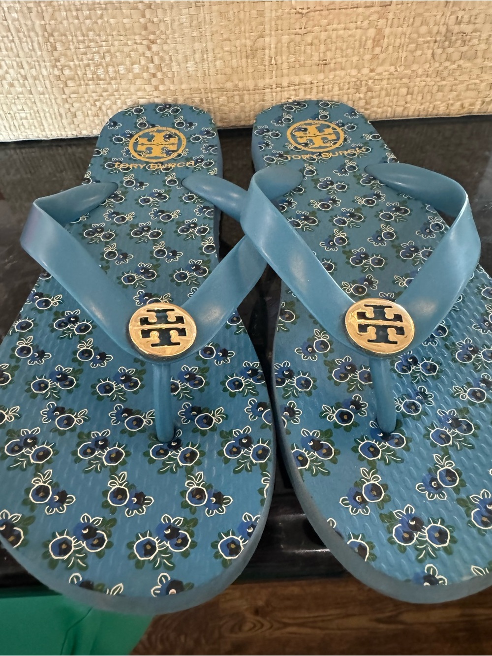 Tory Burch Blue Floral Logo Jelly Flip Flops with Gold Emblems